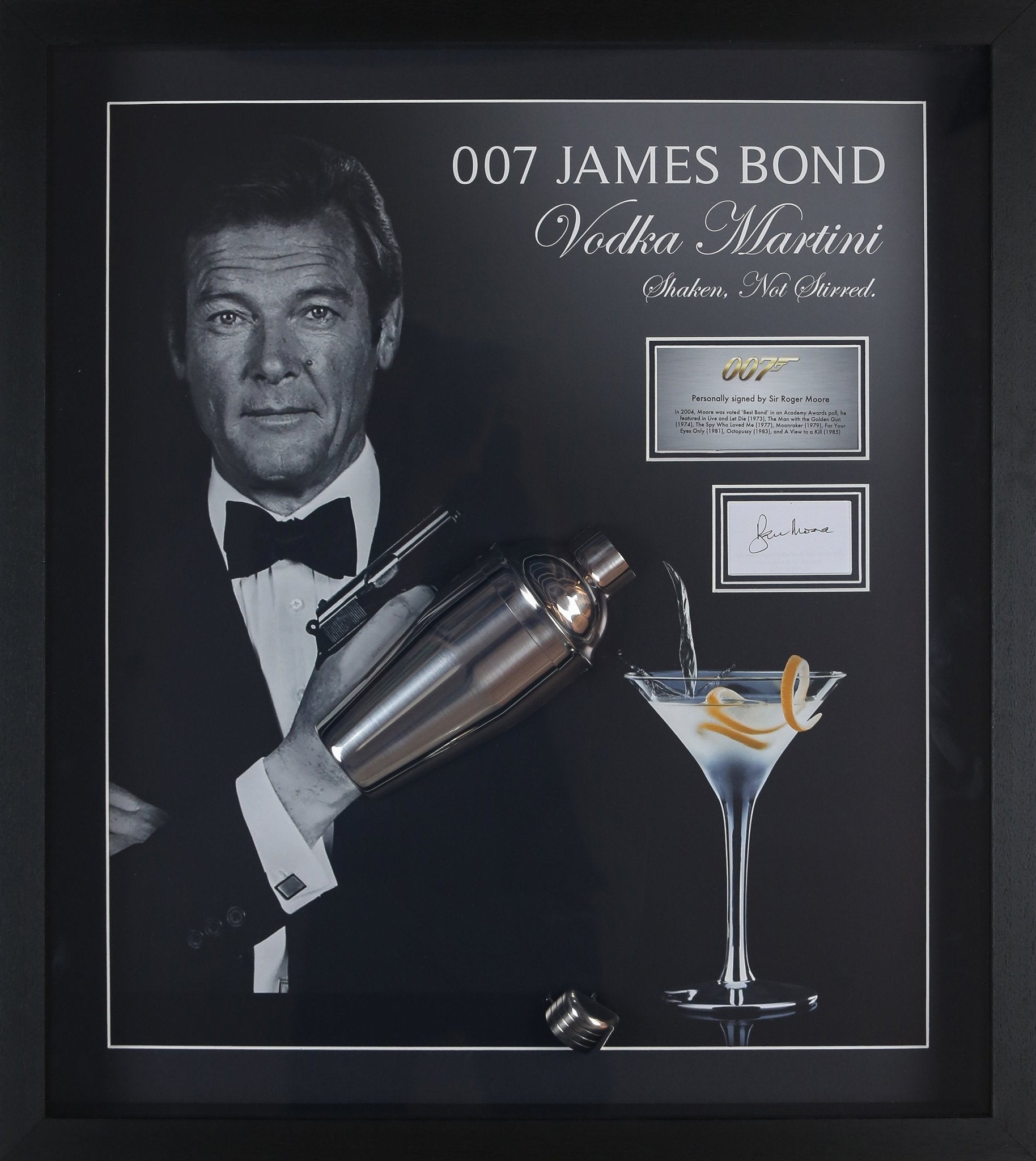 Roger Moore, 007 Signed Whitcard Shaker Framed Display - Memorabilia Framers Shop